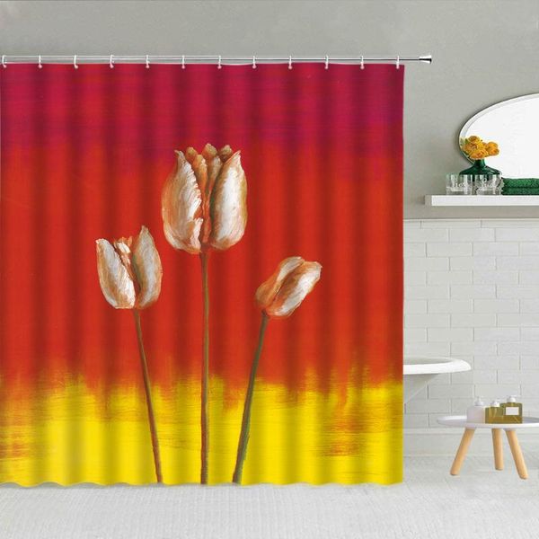 

shower curtains lily flower oil painting curtain red and yellow backdrop spring floral scenery bathroom decor waterproof fabric