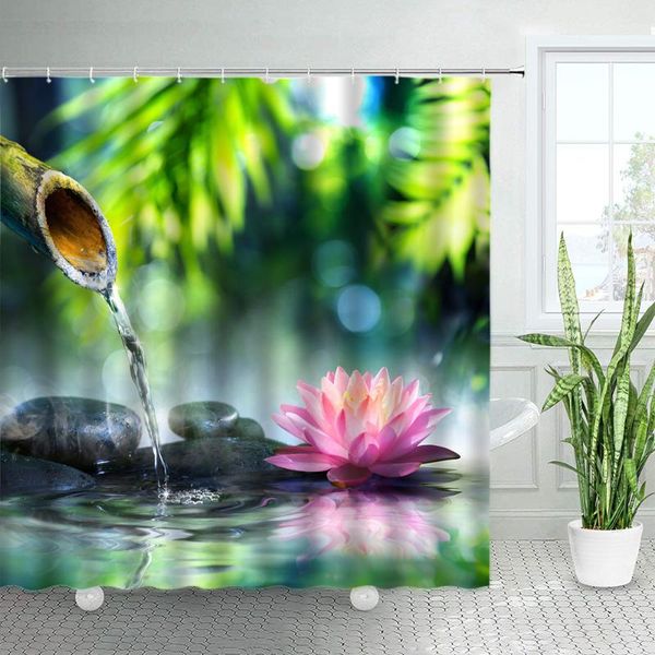 

shower curtains 3d pink lotus running water zen set green bamboo black stone garden landscape fabric bath curtain bathroom decor