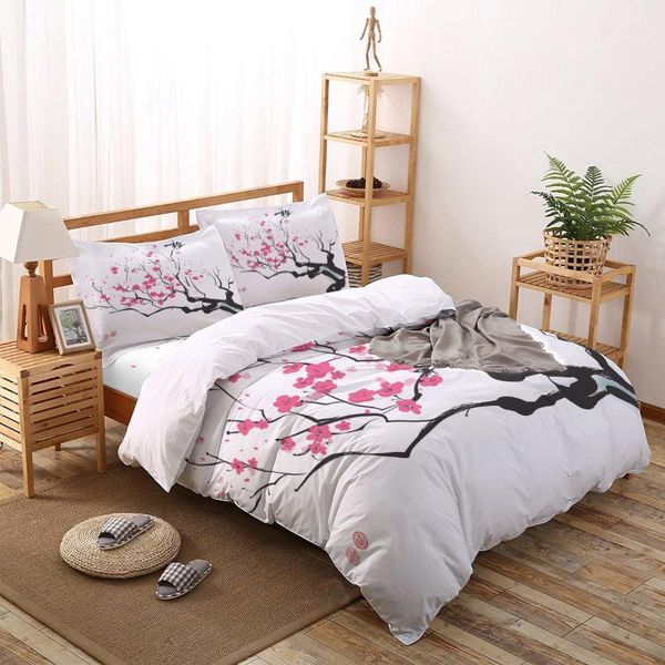 

bedding sets red plum blossom ink painting printed set  king size soft fashion duvet cover bed sheet fitted pillowcase