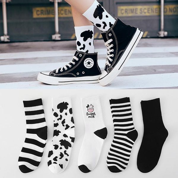 

socks & hosiery arrivals cattle print cute harajuku cotton and linen women's striped solid color breathable casual cartoon, Black;white