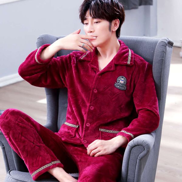 

coral cashmere pajamas large long sleeve suit thickened flannel cardigan spring and autumn housewear men's winterw, Black;brown