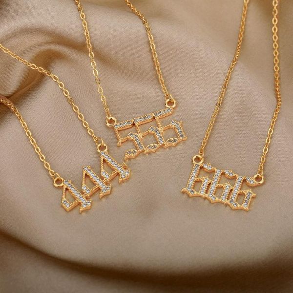 

chokers zircon angel number necklace 111 222 333 444 555 666 777 888 999 crystal devil pendant choker women men bff jewelry, Golden;silver