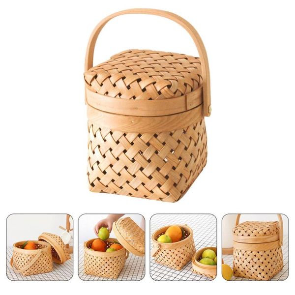 

1pc bamboo weaving basket with cover handheld fruit basket (log color)