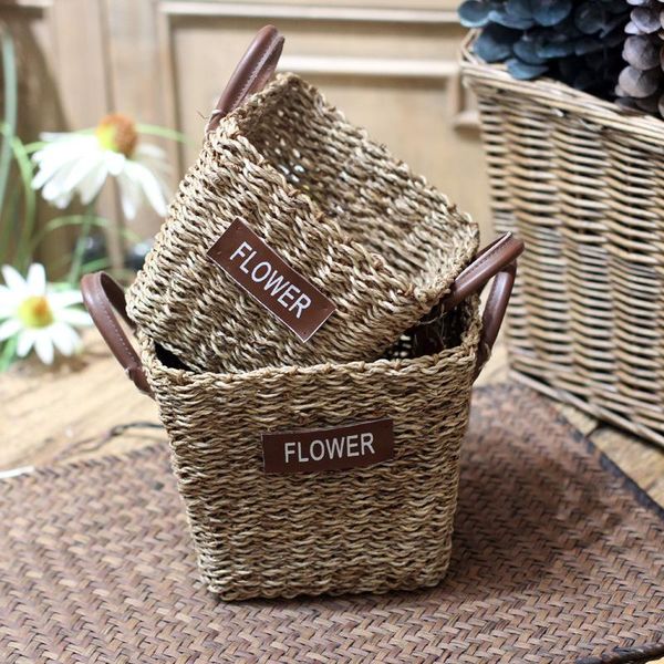 

gift wrap hand woven flower basket utensil rope straw wood chip home storage