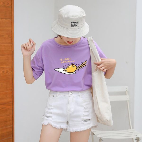 

summer fashion tshirt women harajuku streetwear cartoon gudetama print cotton o-neck loose kawaii tee shirt femme korean clothes, White