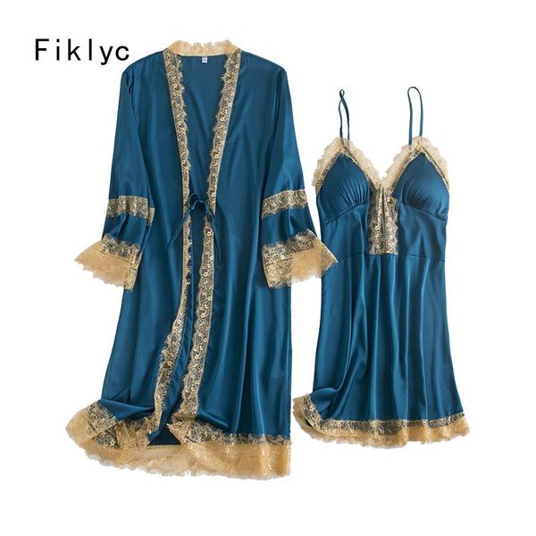 

women's sleepwear fiklyc womens robe gown sets 2021 spring summer ice silk lace patchwork female chemises lingerie lounge home clothes, Black;red