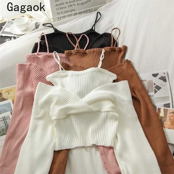 

gagaok fake two sweater women spring autumn v-neck full knitted sweaters korean short chic wild fashion pullovers 211216, White;black