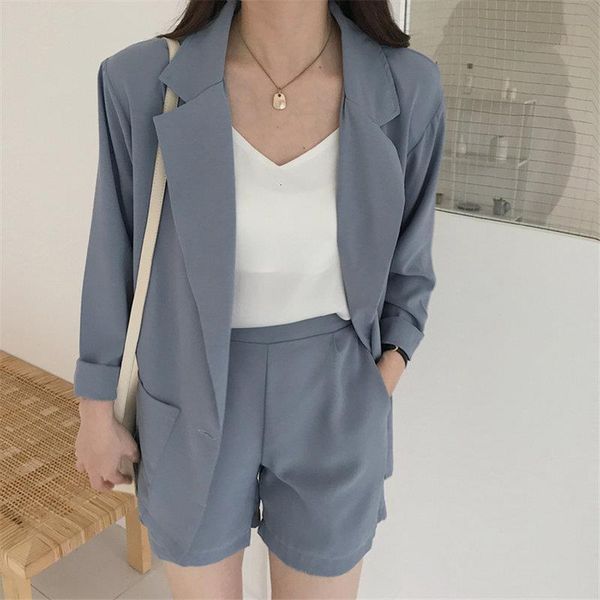 

2021 suit women solid ol summer casual short-sleeved blazers+ elastic waist wide leg shorts fresh set 2 piece set 3 types, Gray