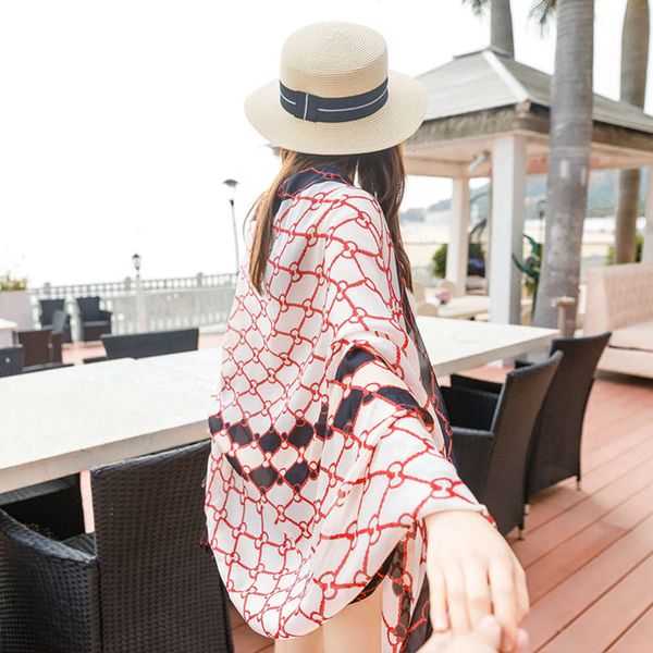 

new spring and autumn printed gradient hand painted sunscreen shawl summer beach silky feel silk scarf, Blue;black