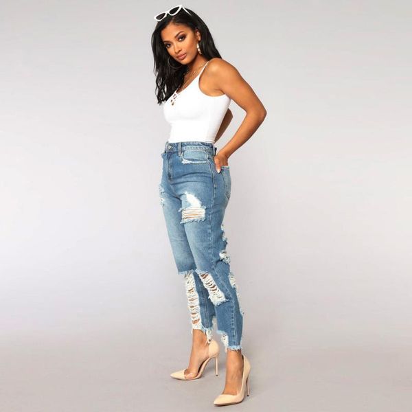 

women's jeans vintage ripped hole pencil long pants solid women spring summer casual high waist slim denim trousers streetwears, Blue