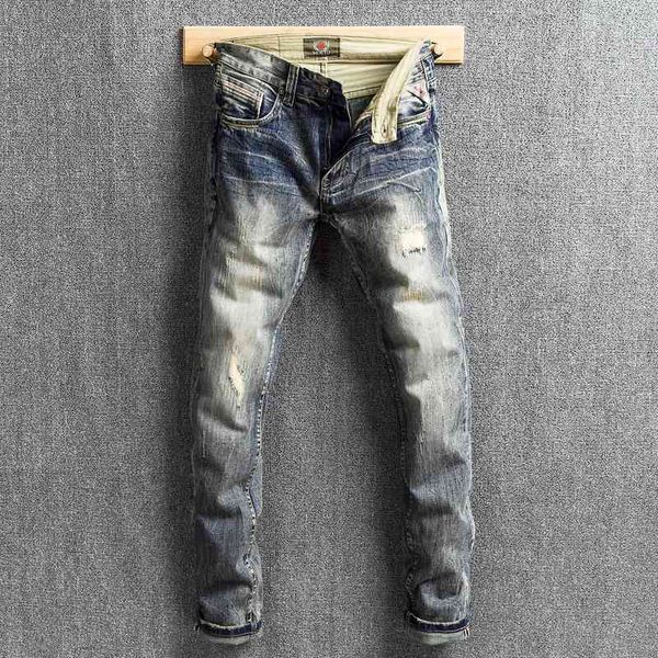 

men's jeans italian style fashion retro yellow blue wash slim fit ripped for patchwork designer hip hop denim punk pants 4tq8