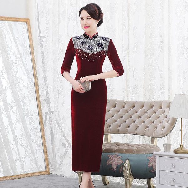 

ethnic clothing autumn winter beaded golden velvet cheongsam long retro improved slim high-end toast dress woman chinese, Red