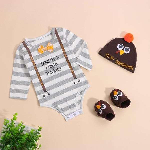 

jumpsuits fashion thanksgiving outfits baby boys girls clothes long sleeve striped rompers + turkey hat socks 3pcs set, Blue