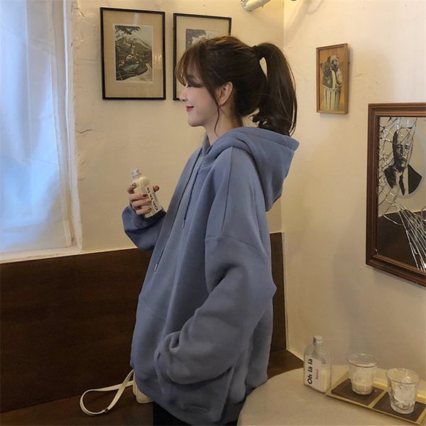 

2021 college hoodie women autumn and winter solid color new loose shoulder long sleeve hooded couple outfit 4vug, Black