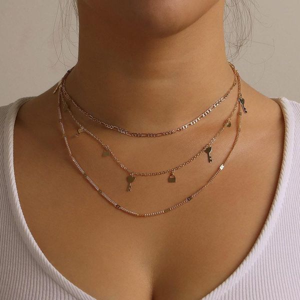 

pendant necklaces vintage punk multilayer lock key choker gold silver color chain necklace for women wedding party fashion jewelry