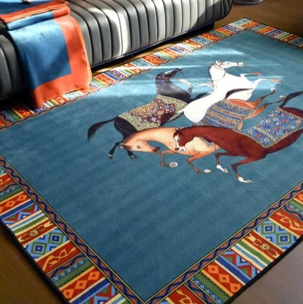 

luxury ethnic frame carpet horse printing carved velvet room rug thick green orange living room rug bedside floor table mat