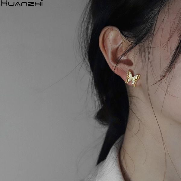 Stud HUANZHI 2021 Strass Glänzender Schmetterling Gold Metall Überzogene Kleine Elegante Ohrring Für Frauen Mädchen Schmuck