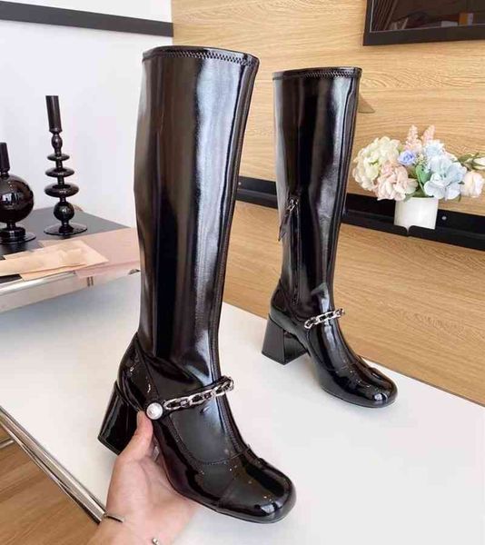 

shoes princess boots autumn and winter new lacquered leather round head color matching thick high heels women's tube knee shoe outlet, Black