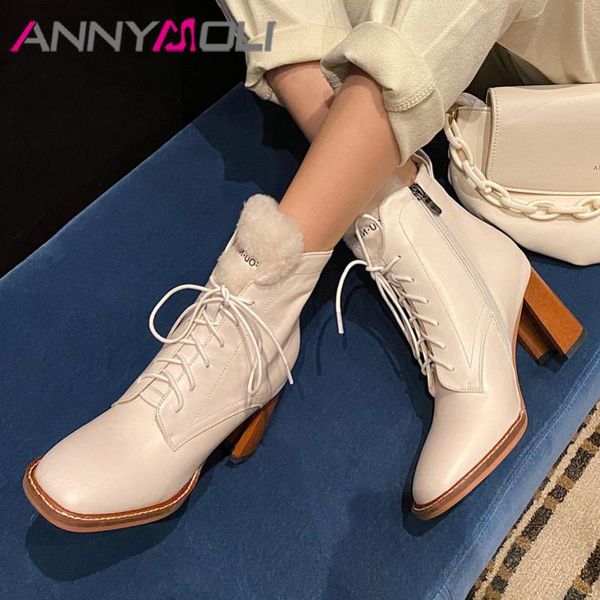 

boots annymoli real leather high heel ankle women square toe thick heels shoes cross tied zip short female autumn black 42