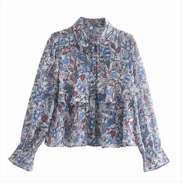 

women paisley printing chiffon cascading ruffle shirt casual femme long sleeve blouse lady loose blusas s8113, White