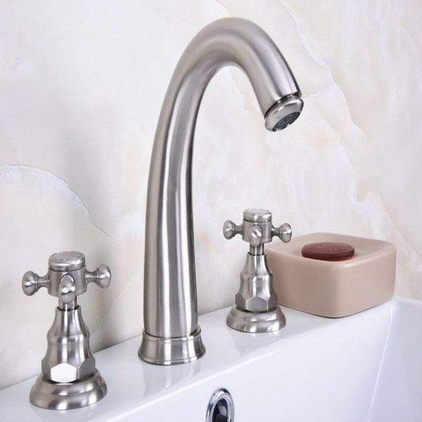 

bathroom sink faucets deck mounted 3 holes bath tub mixer tap brushed nickel brass widespread 2 handles basin faucet abn014