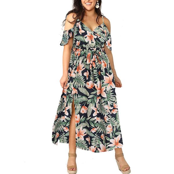 

2021 european and american new bohemian broken flower suspender long skirt women's large, Black;gray