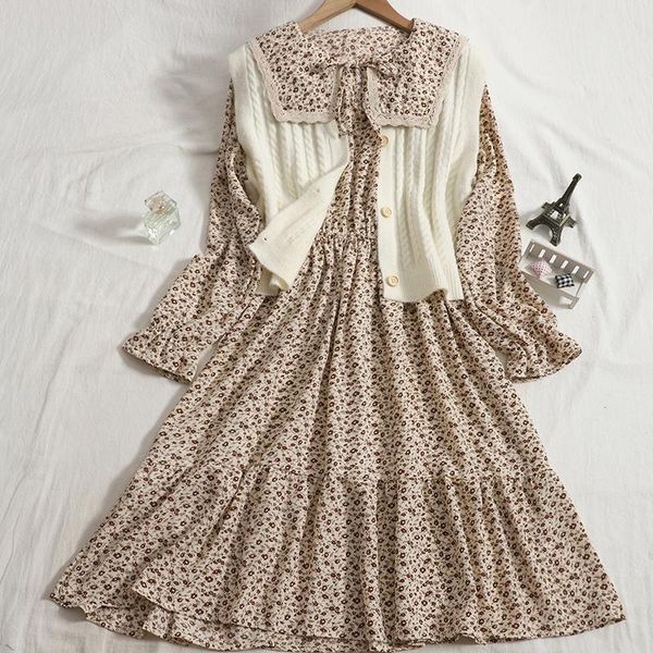 

casual dresses 2021 autumn lace-up big flip frilled long floral dress with cardigan knitted sweater vest waistcoat two-piece sets female, Black;gray