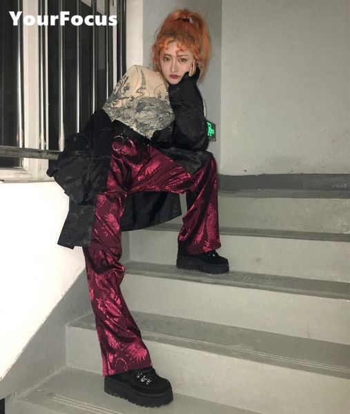 

chinese style hiphop punk fairview dragon embroidery satin pants wide leg pants loose pantalon femme trousers men and women y19070301, Black;white