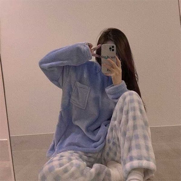 QWEEK Samt Pyjama Frau Winter Koreanischen Stil Plaid Hosen Flanell Zwei Stück Hause Kleidung Pyjamas Hosen Anzüge Pijamas Nachtwäsche 211211