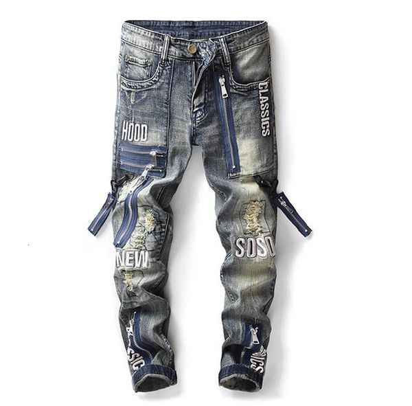 

2021 new spring autumn japanese retro elastic hole brand jeans men's male slim straight european american beggar trousers 4gk5, Blue
