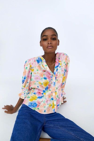 

summer jewelry button print zaraing-style women 2021 sheining vadiming female blouse shirt o9748 women's blouses & shirts, White