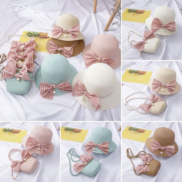 

caps & hats summer children beach set wide brim yellow straw hat 2-8 old years children's holiday travel pink bags