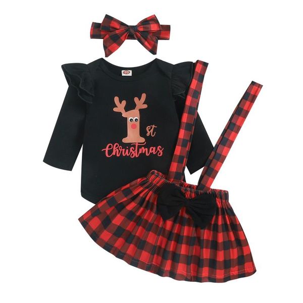

clothing sets born baby girl clothes set christmas elk romper plaid suspender skirt headband 3pcs xmas toddler infant outfits, White