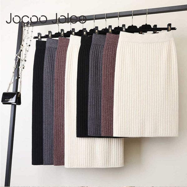 

jocoo jolee elastic band women skirts autumn winter warm knitted straight skirt ribbed mid-long skirt black bodycon split skirt 210619