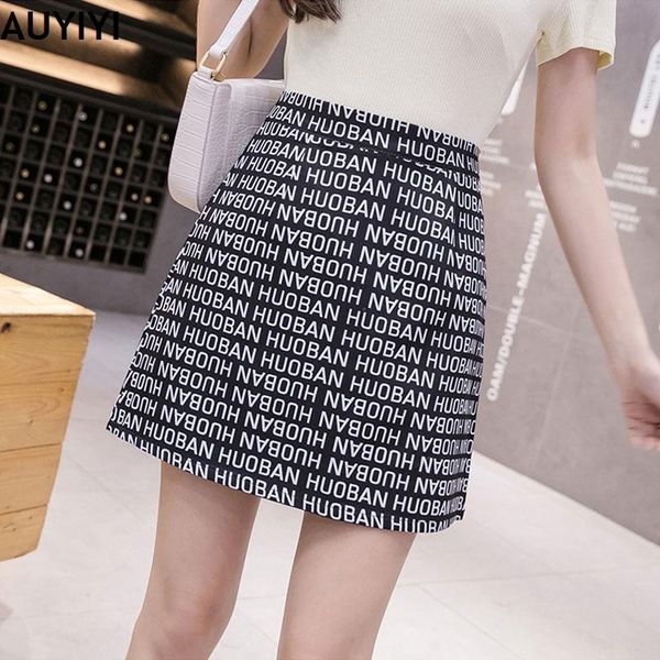 

skirts 2021 korean version of high waist a-line skirt black and white english letters fashion print all-match female trend auyiyi