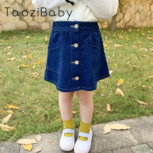 

skirts girl lovely single breasted denim skirt in spring 2021 korean a-line kids for girls baby clothes1, Blue