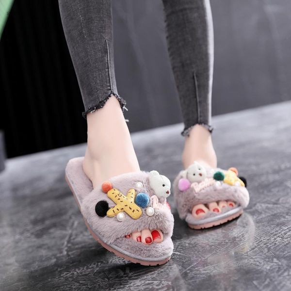 

slippers cotton women 2022 home autumn and winter flat bottom non-slip outer wear fur, Black