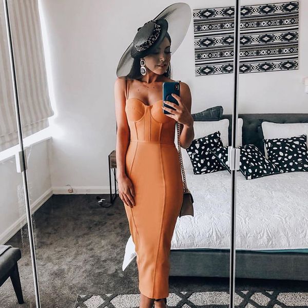 

ocstrade spaghetti strap long bandage dress new arrival summer women orange rayon bandage dress bodycon evening party dress 210223, Black;gray