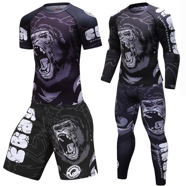 

men's tracksuits men boxing set compression jersey pants 3d orangutan print rashguard kickboxing tight t-shirts muay thai mma fightwear, Gray