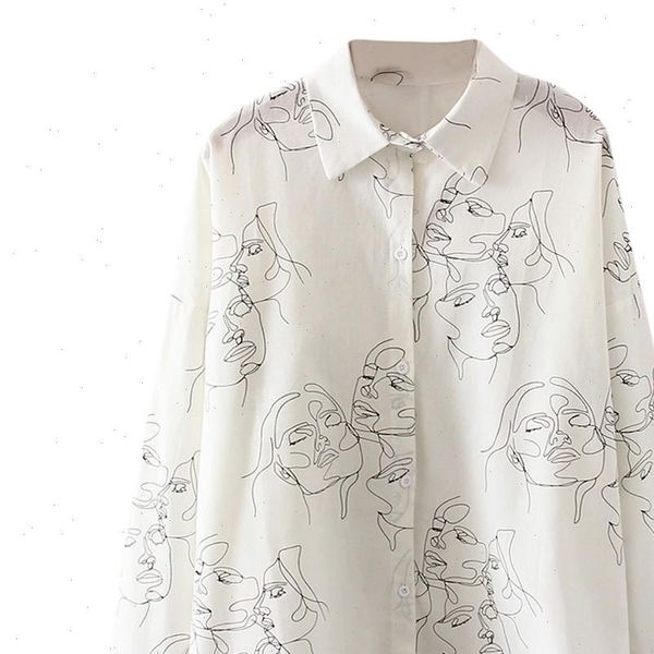 

fashion womens long sleeve anime face print shirt simple solid color casual turn down loose travel long sleeve, White