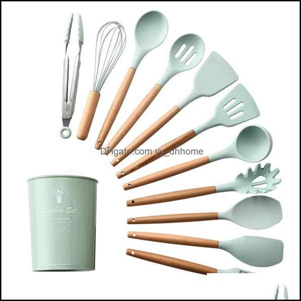 Utensili da cucina Utensili da cucina Cucina, Sala da pranzo Bar Giardino domestico 12 pezzi/set Manici in legno Sile Pinze non tossiche Spata Cucchiaio Gadget Antiaderente