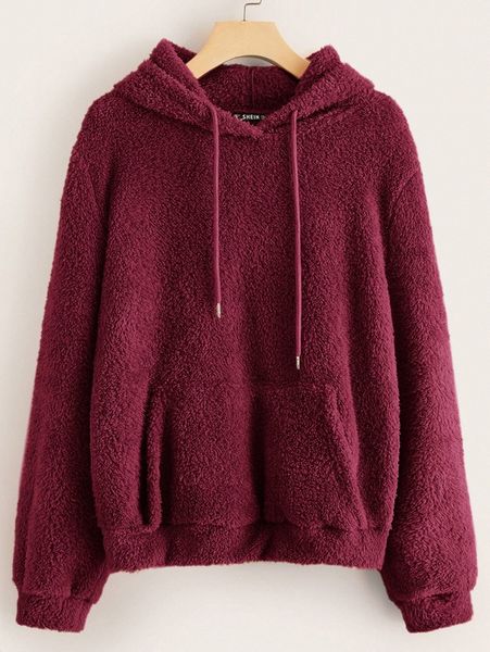 

drop shoulder patch pocket teddy drawstring hoodie f14s#, White;black