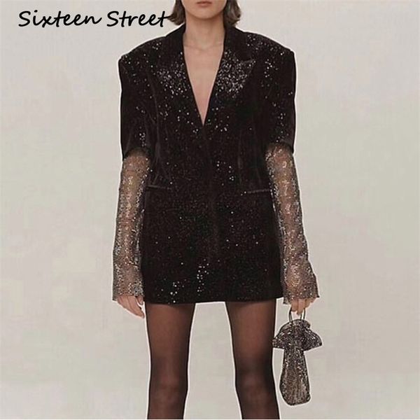 

diamond bling sleeve blazer jacket for woman notched collar black velvet long chic autumn winter outwear 210603, White;black