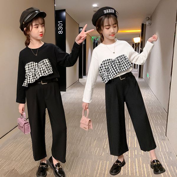 

2021 new fashion 4-13y baby clothes anniversary paid long chess t shirt+ tuesdays 2pcs outfit casual party 6yxg, White