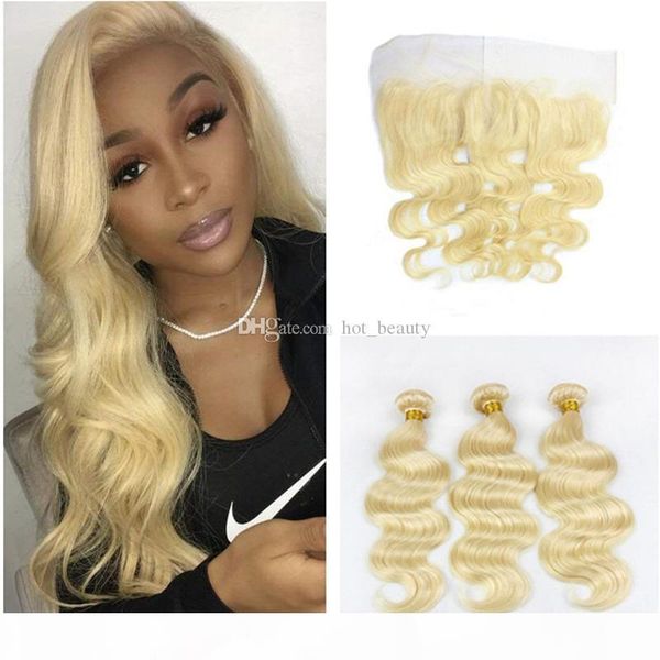 

body wave blonde hair 3 bundle deals with lace frontal closure #613 peruvian virgin human hair extension 13x4 full lace frontals bleached kn, Black