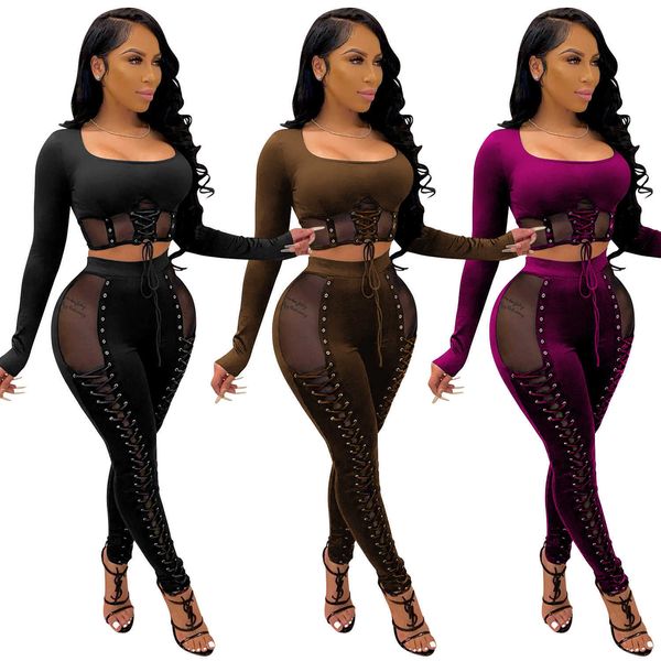 Zoctuo Mesh Patchwork Two Piece Set Moda Donna Set Outfit Autunno Inverno Nuova Sexy Bandaggio Prospettiva Night Club Party Suit Y0625