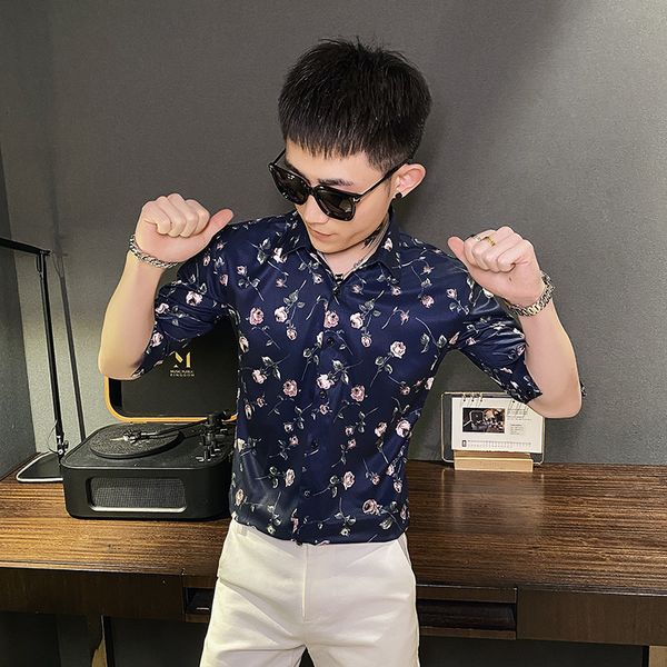 

vero new primavera masculina floral camisas meia manga moda magro ajuste streetwear/clube/baile formatura todos jogos 5vel, Black;brown
