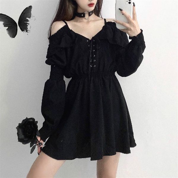 

casual dresses gothic black dress women button lace evening party mini female long sleeve one-piece korean 2021 autumn, Black;gray