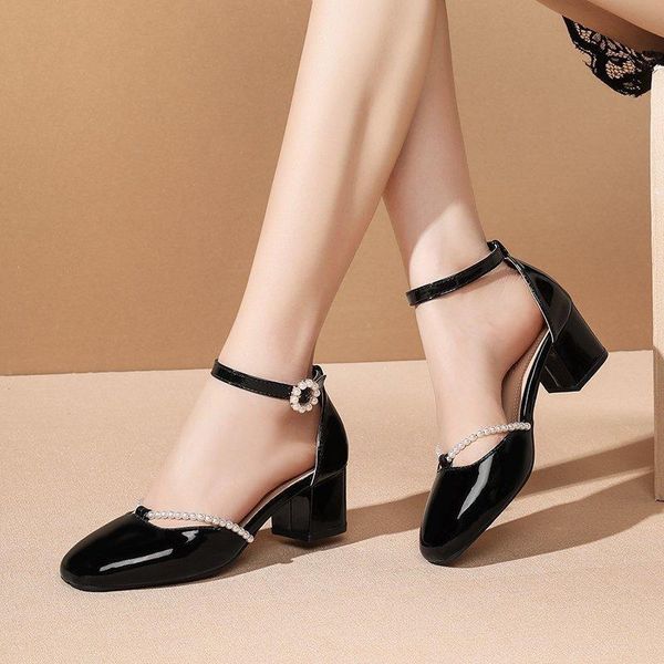 

string bead women shoes woman summer sandals square thick mid heels buckle strap cover round toe pu leather ladies casual shoes, Black