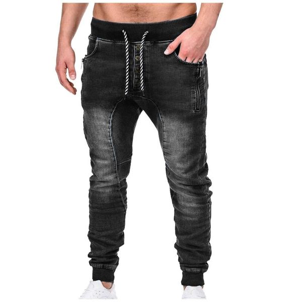 

men's jeans 2021 autumn stretch-fit drawstring casual classic style fashion mid-waist denim trousers male black blue pants